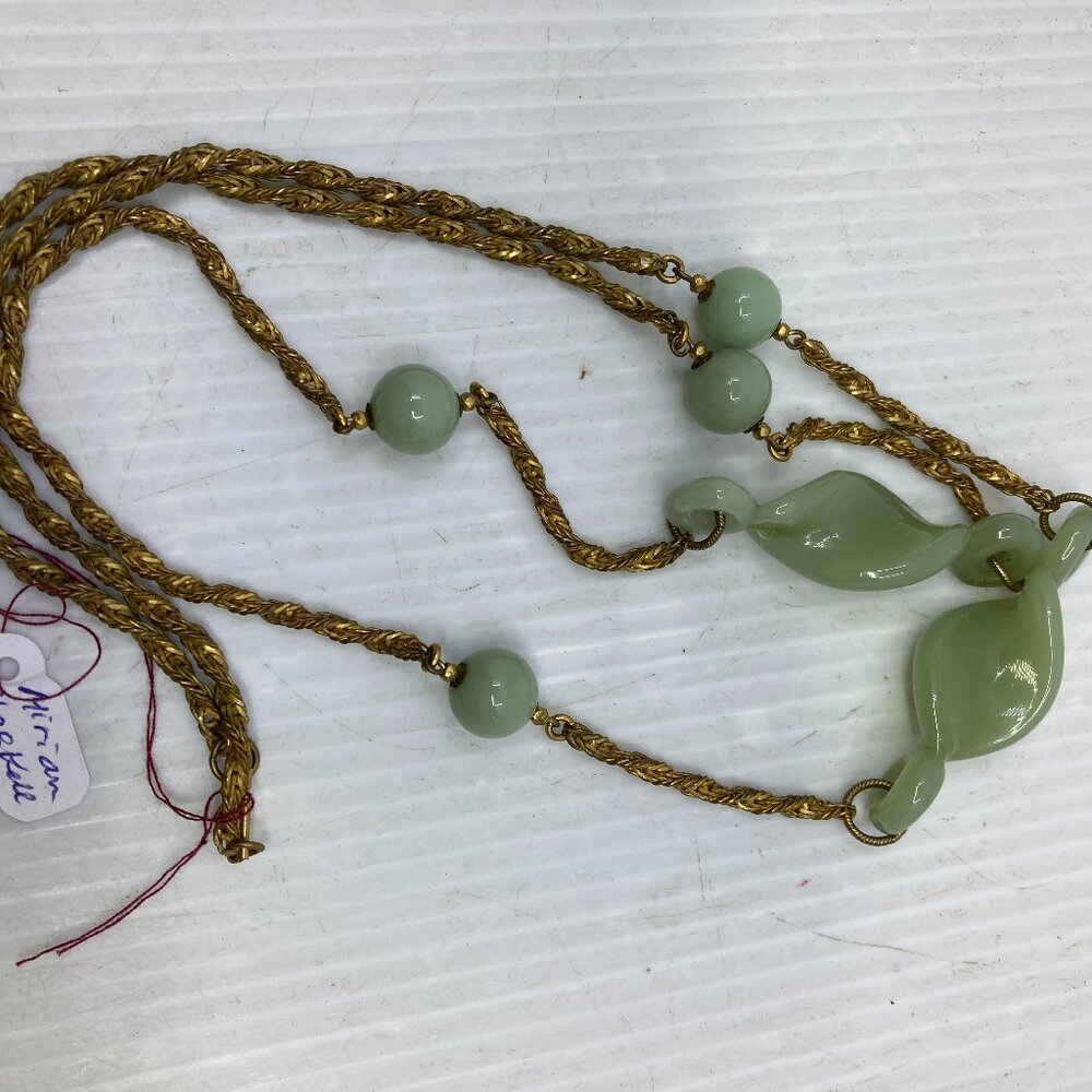 vtg MIRIAM HASKELL signed brass jade color glass flapper necklace